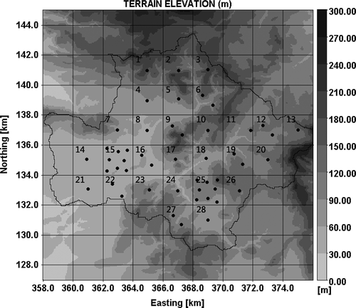 Fig. 1 Map of the raingauge network and the Brue catchment with the terrain elevation as background. The dots represent the raingauge locations and the grid represents the radar pixels. The number in the pixel refers to the index of the corresponding pixel.