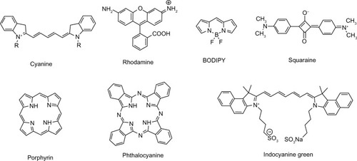 Figure 1 Basic chemical structures of NIRF dyes.Abbreviations: NIRF, near infrared fluorescent; BODIPY, 4,4-difluoro-4-bora-3a,4a-diaza-s-indacene.