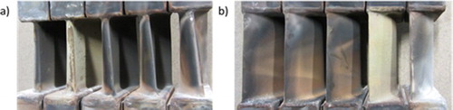 11 Photographs taken of the a leading and b trailing edges of blades exposed in the second stage of the cascade after its removal following the 300 h cascade/modified burner rig commissioning run. Note the presence of one ‘white’ blade that had over-heated due to a faulty cooling air supply system