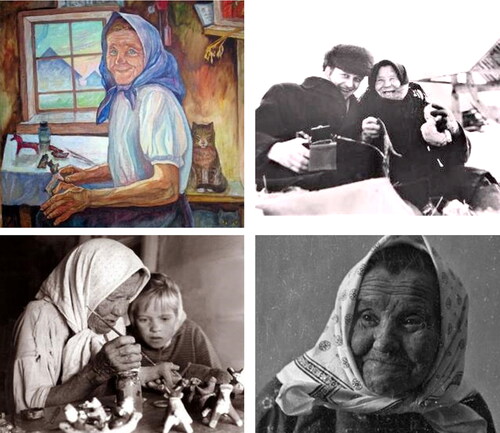 Figure 6. Four portraits of Ul’yana Babkina: 1. a painting by G.A. Kuleshov from the collection of the Kargopol State Historical, Architectural and Art Museum; 2. a photograph of Ul’yana Babkina and Georgy Durasov in Grinev village from the collection of the Kargopol Georgy Durasov (Babkina painting a toy while a female child next to her observing how she photo).