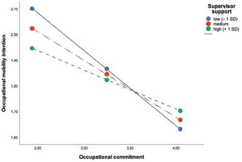 Figure 3. The moderating effect of developmental support on the relationship between occupational commitment and occupational mobility intention.