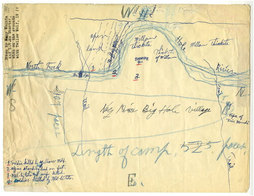 FIGURE 3 ‘ickum’kiléelixpe (Big Hole) village sketch map [1877], 1927, Washington State University, Manuscripts, Archives, and Special Collections: https://content.libraries.wsu.edu/digital/collection/mcwhorter/id/380/rec/584. Better detail can be seen in the online version.