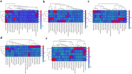 Figure 4. Comparing analysis of fungi microbiota structure of SCT sheep via grouping and clustering heat map. a: Phylum, b: Class, c: Order, d: Family, e: Genera.