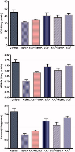 Figure 3. Antioxidant enzyme (SOD, GSH-Px and CAT) activities in liver tissue samples of control, NDMA, NDMA +150 mg/kg FESB(*),150 mg/kg FESB(*),NDMA +300 mg/kg FESB# and 300 mg/kg FESB# groups.