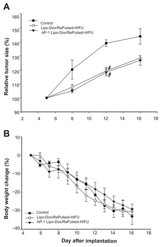 Figure 6 (A) Analysis of increases in tumor size (relative to day 5) is based on data obtained from bioluminescence images in Figure 5. Compared with the control tumor mice, * and # denote a significant difference for untargeted liposomal doxorubicin with repeated sonication and AP-1 liposomal doxorubicin with repeated sonication, respectively. (B) Bodyweight change (relative to day 5) of tumor-bearing mice treated by untargeted liposomal doxorubicin with repeated sonication and AP-1 liposomal doxorubicin with repeated sonication.Notes: *P < 0.05; #P < 0.05.Abbreviations: AP-1, atherosclerotic plaque-specific peptide-1; Lipo-Dox, liposomal doxorubicin; HIFU, high-intensity focused ultrasound.