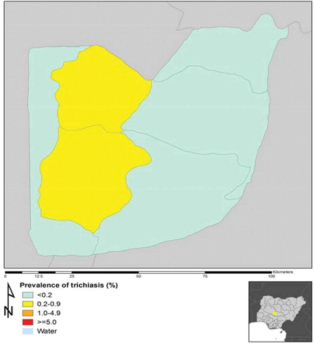 Figure 2. Prevalence of trichiasis in adults, by Area Council, Federal Capital Territory, Nigeria, Global Trachoma Mapping Project, 2014.