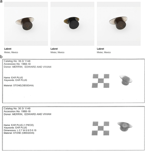 Figure 4. a and b: above, three of the obsidian “labrets” from the Patterson objects in the NGV; below, two strikingly similar obsidian “ear plugs” among the Merrin donations to the AMNH. Screen shot taken of the NGV online collections database and of a pdf supplied by AMNH by Yates on 21 July 2023.