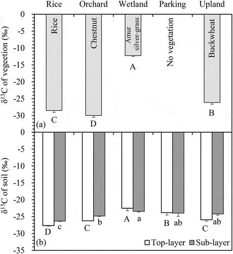 Figure 2. The δ13C values of the vegetations (a) and the changes in δ13C values of the soils (b) in the top- (□0-15 cm) and sub-layers (■15-30 cm) among the five LUMC types. Bars indicate standard deviation. The upper- and lower-case letters indicate significant differences among land-use types in the top- and sub-layers, respectively.