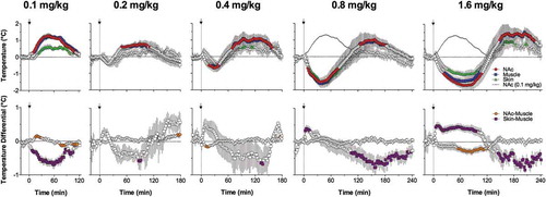 Figure 25. Changes in NAc, muscle, and skin temperature induced by iv heroin at different doses in freely moving rats. At the smallest dose that is optimal for drug self-administration, heroin induces monophasic increases in brain and muscle temperature. However, with increase in doses, the response became biphasic, with the initial, dose-dependent temperature decreases and subsequent temperature increases. Data were replotted from [Citation228].