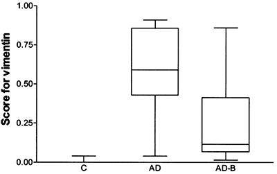 Figure 5. Immunostaining score for vimentin for control rats (C, N = 7), for rats killed on day 18 after treatment with 5 mg/kg adriamycin (AD, N = 7) and for rats killed on day 18 after treatment with 5 mg/kg adriamycin plus sodium bicarbonate (AD-B, N = 6). The median is shown as a horizontal line.