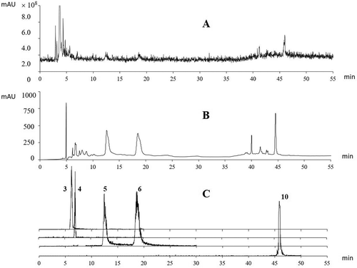 Figure 3. The UPLC-DAD-ESI/MSn chromatograms of pomegranate peel extracts. A, total ion chromatogram (TIC); B, UV chromatogram at 254 nm; C, extracted ion chromatogram (EIC) of punicalin (3, at m/z 781/601), gallic acid (4, at m/z 169/125), α/β-punicalagin (5, 6, at m/z 1083/541), and ellagic acid (10, at m/z 301/229).