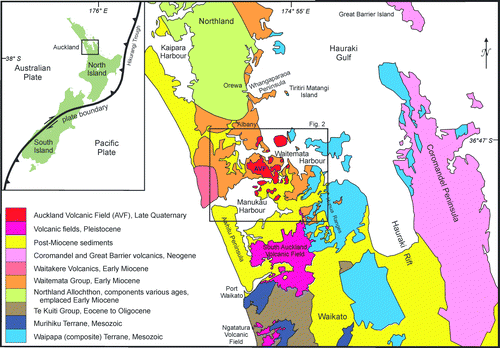 Figure 1  Simplified geology map for the area surrounding the Auckland region. Inset: Plate boundary through New Zealand. Box: the area enlarged in Fig. 2.