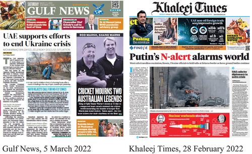 Figure 1. Front pages of Gulf News and Khaleej Times.