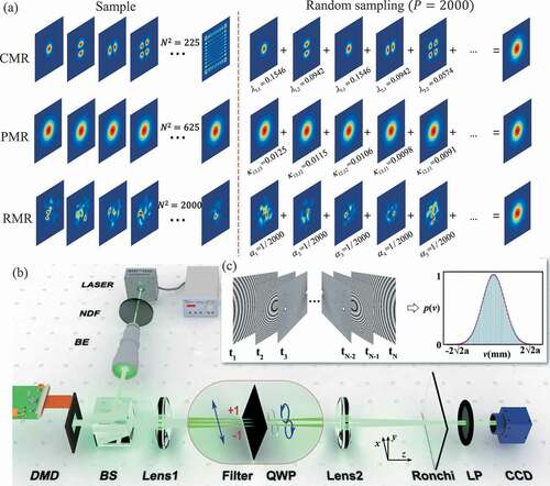 Figure 5. Experimental realization of the spatial coherence structure engineering by coherent-mode superposition. (a) Schematic diagram for the coherent-mode representation (CMR), pseudo-mode representation (PMR), and random-mode representation (RMR) [Citation188]. (b) Experimental setup for the spatial coherence structure engineering by coherent-mode superposition. (c) The computer generated holograms and their probability loaded on the digital micro-mirror device (DMD) [Citation184]