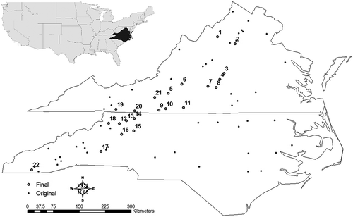 Fig. 1 Location of USGS gauges used in the study. The small points represent the initial 73 gauges considered in the analysis, while the larger points represent the final 22 gauges selected for regionalization.