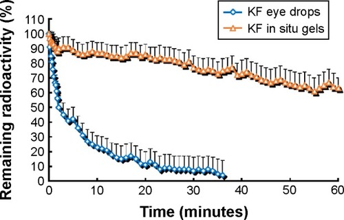 Figure 4 Corneal surface clearance of two formulations incorporating 99mTc-DTPA.