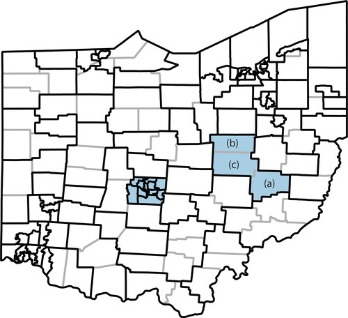 Figure A.1 Boundaries of Public Use Microdata Areas (PUMAs) (black) and counties (gray) in Ohio. Franklin County includes 11 PUMAs (center, colored in blue), and (A) Guernsey, (B) Holmes, and (C) Coshocton counties collectively make up one PUMA (east, colored in blue).