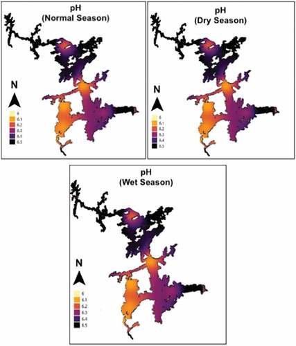 Figure 12. Spatial distributions of pH during normal, dry, and wet seasons.