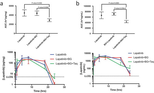 Figure 4. Lapatinib AUC in the brain of wild-type mice (n = 3 for each timepoint) when treated with lapatinib alone, in combination with botryllamide G alone, or botryllamide G and tariquidar (a) and exposure curve over 24 h. Lapatinib AUC in the plasma of wild-type mice (n = 3 for each timepoint) when treated with lapatinib alone, in combination with botryllamide G alone, or botryllamide G and tariquidar (b) and exposure curve over 24 h. Error bars represent mean standard deviation.