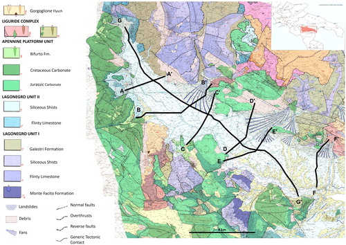 Figure 1. Geological sketch map of the Agri Valley (after Carbone et al. Citation1991, modified), showing location of the deep electrical resistivity surveys. G–G′ is the new DERT, while A–F are DERT in Colella et al. (Citation2004).