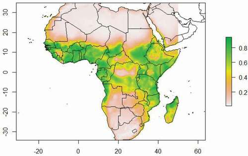 Figure 2. Map showing the current habitat suitability for Ae. aegypti in relation to dengue fever incidences in Africa. Grey to green colours illustrate gradients of habitat suitability from low to high.