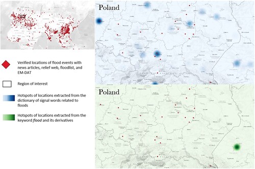 Figure 8. Comparative analysis of the data harvested from the Twitter live stream and groundtruth data, for flood events in Poland during 18–24 May, 2022.