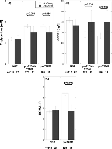 Figure 3. Relationship of Adv36 seropositivity to: (A) fasting serum triglyceride levels; (B) IGFBP-1; and (C) HOMA-IR levels in females with normal glucose tolerance (NGT) at baseline who had NGT at follow-up, or had developed prediabetes or type 2 diabetes at follow-up. Bars indicate the back-transformed mean of ln-transformed clinical parameter. Error bars indicate the back-transformed 95% confidence interval of ln-transformed clinical parameter. Statistical significance of differences was tested using the t test. White bars = Adv36-negative; black bars = Adv36-positive.
