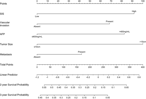 Figure 2 Nomogram depicting 2- and 3-year overall survival probability for patients with hepatocellular carcinoma.