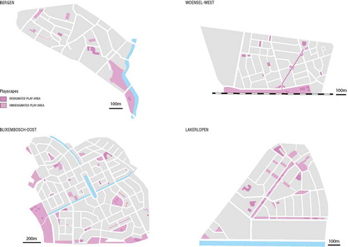 Figure 6. Designated and (observable) undesignated play spaces in the four neighbourhoods. Source: Sukanya Krishnamurthy.