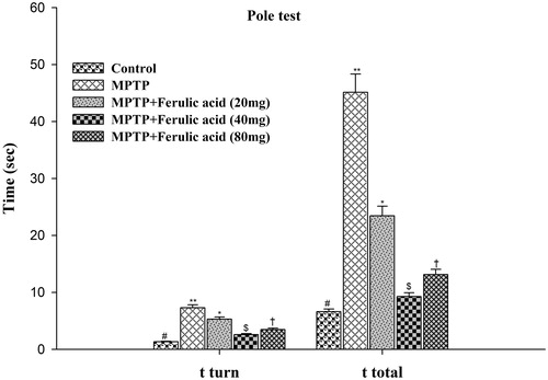 Figure 6. Pole test performance in experimental mice: Values are given as mean ± SD for six mice in each group. Error bars sharing common symbol do not differ significantly at p < 0.05. #Significantly p < 0.05 differ from MPTP and MPTP + ferulic acid-treated groups. **Significantly p < 0.05 differ from control and MPTP + ferulic acid groups. *Significantly p < 0.05 differ from control, MPTP, and MPTP + ferulic acid (40 mg/kg and 80 mg/kg body weight). $Significantly p < 0.05 differ from control, MPTP, and MPTP+ferulic acid (20 mg/kg and 80 mg/kg body weight) groups. †Significantly p < 0.05 differ from control, MPTP, and MPTP+ferulic acid (20 mg/kg and 40 mg/kg body weight) groups.