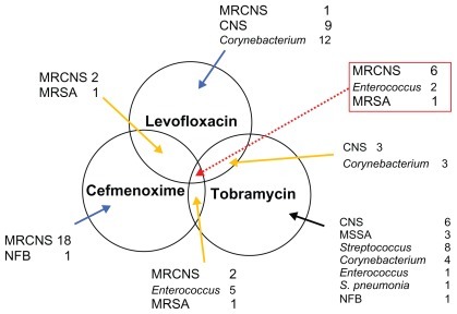Figure 1 Resistance to levofloxacin, cefmenoxime, and tobramycin was shown in six methicillin-resistant coagulase-negative staphylococci strains, two enterococcal strains, and one methicillin-resistant Staphylococcus aureus strain.Abbreviations: CNS, coagulase-negative staphylococci; MRCNS, methicillin-resistant coagulase-negative staphylococci; MRSA, methicillin-resistant Staphylococcus aureus; MSSA, methicillin-sensitive Staphylococcus aureus; NFB, nonglucose-fermenting bacteria.