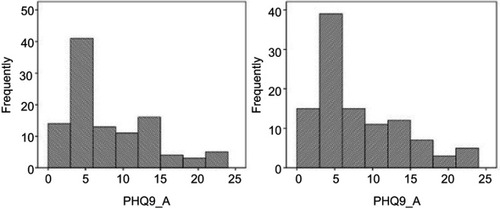 Figure 2 PHQ-9 distribution score at the initial and follow-up evaluation.