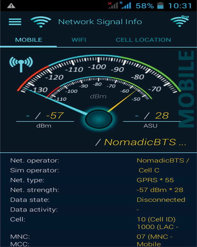 Figure 10. NomadicBTS signal measurement at close proximity (30 cm) with one of the test mobile phones using Network Signal Info Pro mobile app.