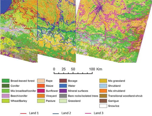 Figure 5. Simplified Pyrenean land cover map (see Table 2), overlaid with the stratification results obtained by Bisquert, Bégué, and Deshayes (Citation2015), and divided in three zones (land 1: red; land 2: blue; land 3: pink) that correspond to different Landsat image acquisition dates. For full color versions of the figures in this paper, please see the online version.