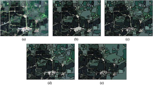 Figure 5. Segmentation results for s2. (a) is the original true color image, (b), (c), (d), and (e) are results of SETH, FNEA, HSWO, and SETH without the third stage, respectively. Note that the colors in (b), (c), (d), and (e) have no special meaning; they are simply formed by averaging the spectral value within each segment.).