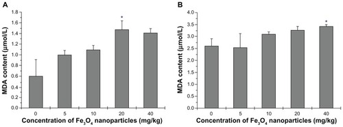 Figure 7 MDA level of liver and kidney homogenates. (A) presents the data of Liver and (B) the data of Kidney.Notes: Compared with the control group, *indicates 0.01 < P < 0.05.Abbreviation: MDA, Malondialdehyde.