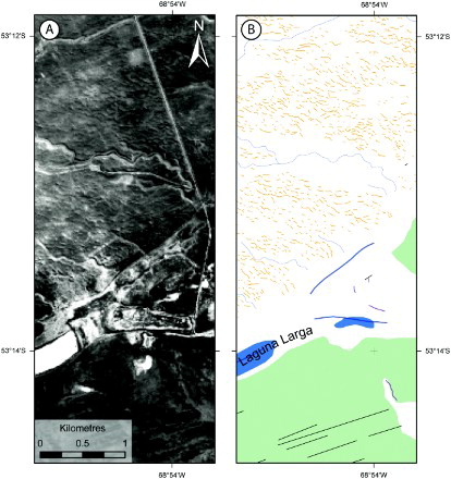 Figure 8. (A) Aerial photograph and (B) mapped equivalent of the regular (yellow lines) and irregular (green polygons) hummocky terrain. Due to their ordered-nature and visibility on higher resolution aerial photographs, the regular hummocky terrain can be mapped as individual line features rather than grouped polygons. Location shown in Figure 3.