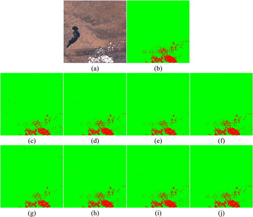 Figure 21. Baotou (China) (a) True Color image, (b) Manual reference mask, generated cloud mask by: (c) RF with traditional texture features (d) RF with deep features (e) XGBoost with traditional texture features (f) XGBoost with deep features, (g) SVM with traditional texture features, and (h) SVM with deep features, (i) Resnet, and (j) CD-FM3SF-4.