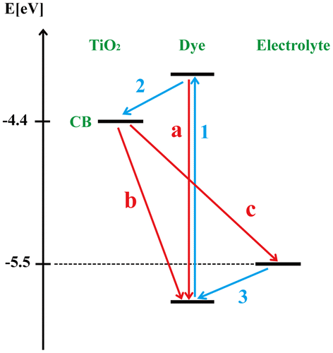 Figure 2. Kinetics of the RuL2(NCS)2 dye-sensitized TiO2 solar cell with (I-/I3-) redox mediator (CitationGong et al., 2016).