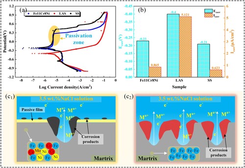 Figure 13. (a) Potentiondynamic polarisation curve of the three alloys. (b) Ecorr and Icorr of the three alloys. (c1), (c2) Schematic diagram of corrosion behaviour.