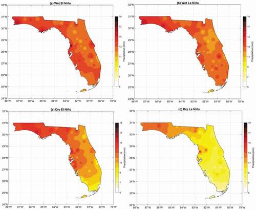 Figure A2. Spatial variation of mean daily precipitation during wet and dry ENSO (El Niño Southern Oscillation) phases