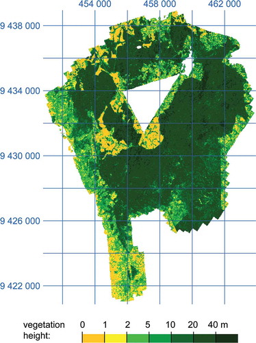 Figure 4. ALS normalized digital surface model (nDSM), i.e. vegetation height, for Amani. The 2 km grid lines are in UTM zone 37 S.