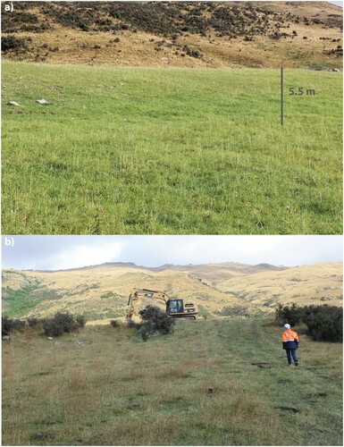 Figure 3. View upslope towards fault scarps prior to trenching at (a) Lug Creek; and (b) Rock Creek. Note presence of boulders on the fault scarp just below the digger at Rock Creek.