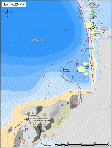 Figure 23. Twenty eight Ma paleogeographic map for central-western New Zealand modified from the Late Whaingaroan map in Strogen (Citation2011) and Kamp et al. (Citation2014), showing the areas of basement units (from Mortimer et al. Citation1997; Tulloch and Mortimer Citation2017; Higgs and King Citation2018) exposed in Southern Taranaki Basin and in NW Nelson at this time. Note the Taranaki Peninsula extent of the foredeep that developed from 29 Ma, accumulating Otaraoa Formation and its Tariki Sandstone Member. Also, the location of the seaway south of the Patea-Tongaporutu High along which, on its eastern flank, coastal sand was possibly transported from Taranaki Basin into the King Country region, accumulating as Hauturu Sandstone Member in the Te Kuiti Group. Note also the diminishing area of exposure of North Cape and Rakopi formations and basement in southern Taranaki Basin (c.f. Fig. 21) due to marine onlap, reflecting the start of tectonic overprinting of the zone of continental extension within the initial (43–30 Ma) Australia-Pacific plate boundary zone through western New Zealand (Figure 2). Note also the difference between the present day location of the Taranaki Fault Zone and its inferred palinspastic position during the Late Whaingaroan, which shows the amount of westward thrust displacement on the Taranaki Fault System during the Neogene.