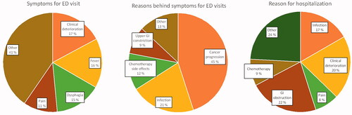 Figure 1. Symptoms for emergency department (ED) visits, reasons behind symptoms and reasons for hospitalizations. Upper GI constriction – no evidence of cancer progression, e.g., stricture. Chemotherapy side effects excluding chemotherapy-induced infection, infection including chemotherapy-induced infection.