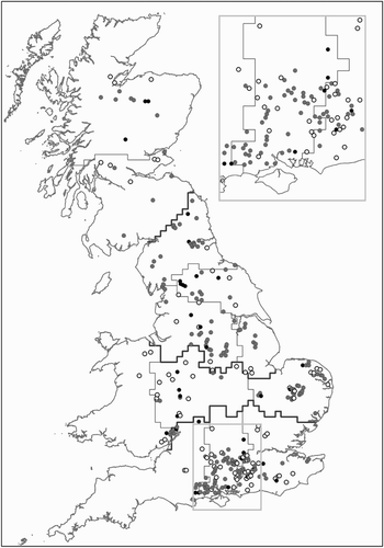 Figure 1. Changes in occupancy of randomly selected 1 km squares where surveys of breeding Woodcock were conducted in both 2003 and 2013. Sites are classified as having remained occupied (grey), lost Woodcock (white) or been colonized (black). Sites which were unoccupied in both years are not shown. Narrow boundary lines delineate the 11 regions used in the Breeding Woodcock Survey, whilst bold lines delineate the 4 aggregated regions used in the GLMMs. The inset map shows part of the Central South region at larger scale for greater clarity of this more intensively surveyed area.