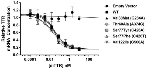 Figure 1. siTTR silences Wild-type (WT) and mutant TTR variants with similar potency. In vitro analysis of siRNAs targeting TTR using a Dual-Luciferase (Dual-Luc) reporter assay. For each variant, the corresponding nucleic acid change is listed in parentheses in the symbol legend. Data are expressed as normalized mRNA expression; error bars represent SEM (n = 2). Data fitted to a 4-parameter logistic non-linear regression; fitted EC50 values are 36, 28, 23, 30, 16 and 33 pM for WT, Val30Met (p.Val50Met), Thr60Ala (p.Thr80Ala), Ser77Tyr (p.Ser97Tyr), Ser77Phe (p.Ser97Phe) and Val122Ile (p.Val142Ile) variants, respectively.