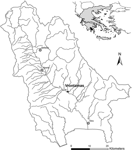 Figure 2. The major streams in the Evrotas River basin, Greece.