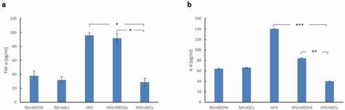 Figure 7. Adipose-derived mesenchymal stem cells treatment suppresses TNF-α and IL-6 expression in the serum of HFD-fed mice. ELISA analyses of TNF-α (a) and IL-6 (b) expression in various animal groups. *, **, and *** represent statistical difference between groups at P < .05, P < .01 and P < .001 significance, respectively