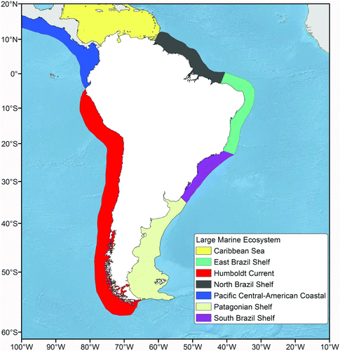 Figure 1.  Large Marine Ecosystems bordering South America, as defined by Sherman & Hempel (Citation2009) (see also http://www.lme.noaa.gov/).